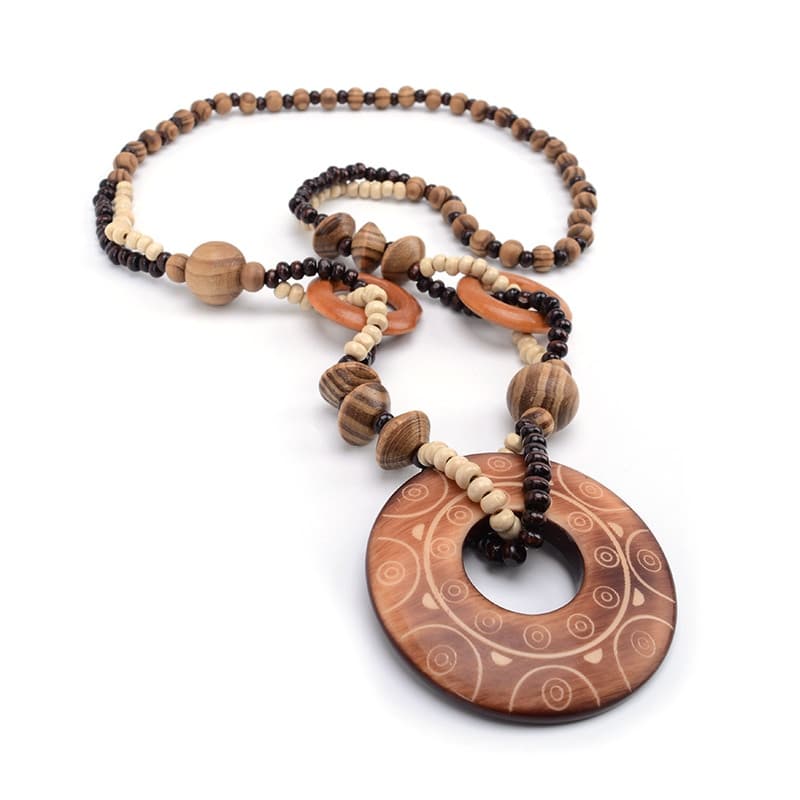 Collier Vintage En Bois Ethnique Peint - Artisanat Français - Occasion - Style Bohème