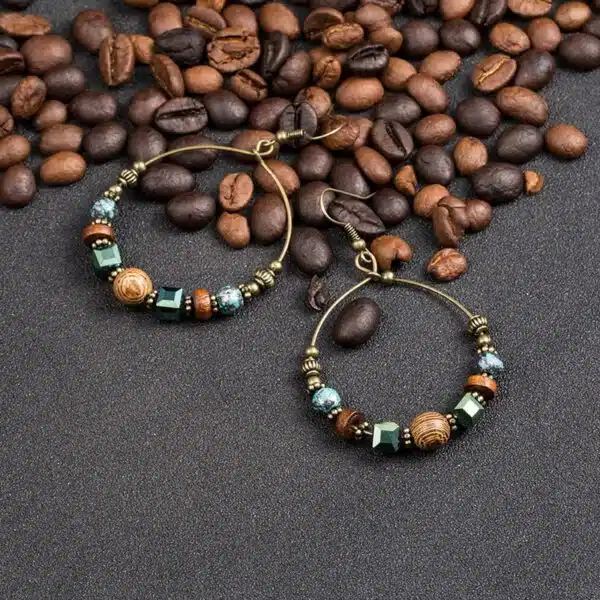 Boucles D'oreilles Pendantes Ethniques En Bois Brodé Point De Croix - Multicolore, Fabrication Française