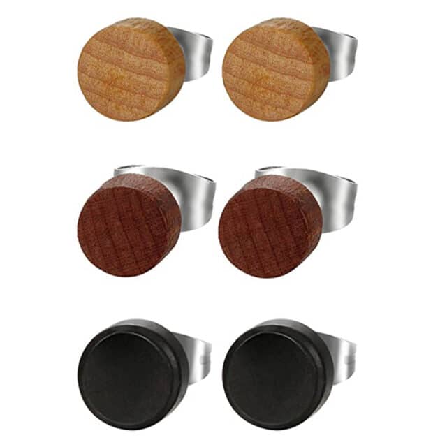 4 Paires Boucles D'Oreilles Bois Homme Femme 8mm - Clous Ronde Unisexe Acier Inoxydable
