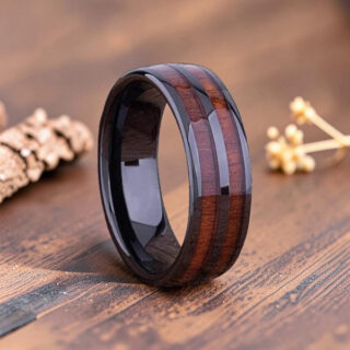 Bague en bois - Bois de Koa et Acier Inoxydable noir
