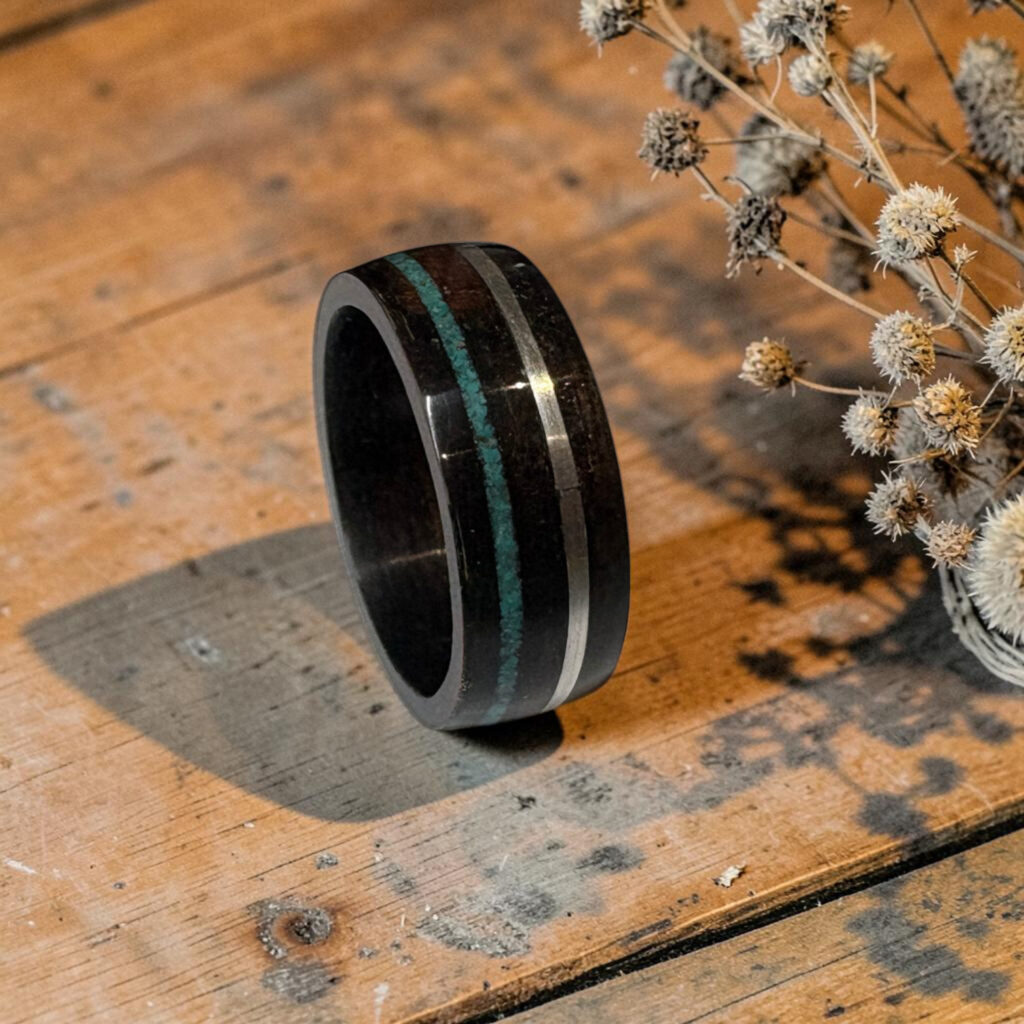 Alliance en bois ébène amara liserés argent et turquoise - Azelys