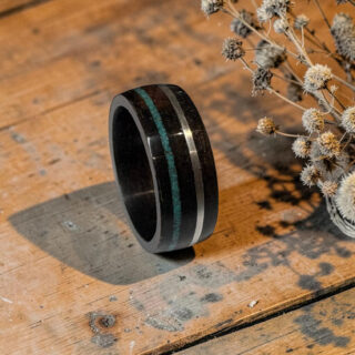 Alliance en bois ébène amara - Liserés argent et turquoise